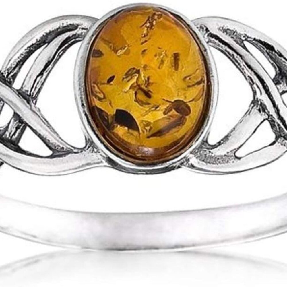 Amber Sterling Silver Oval Celtic Knots Ring